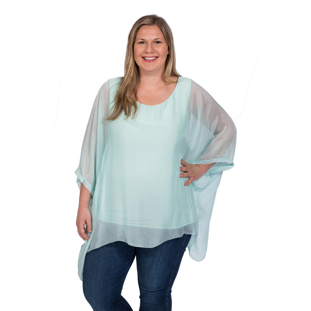 Mint Plus Three Quarter Sleeve Solid Silk Top