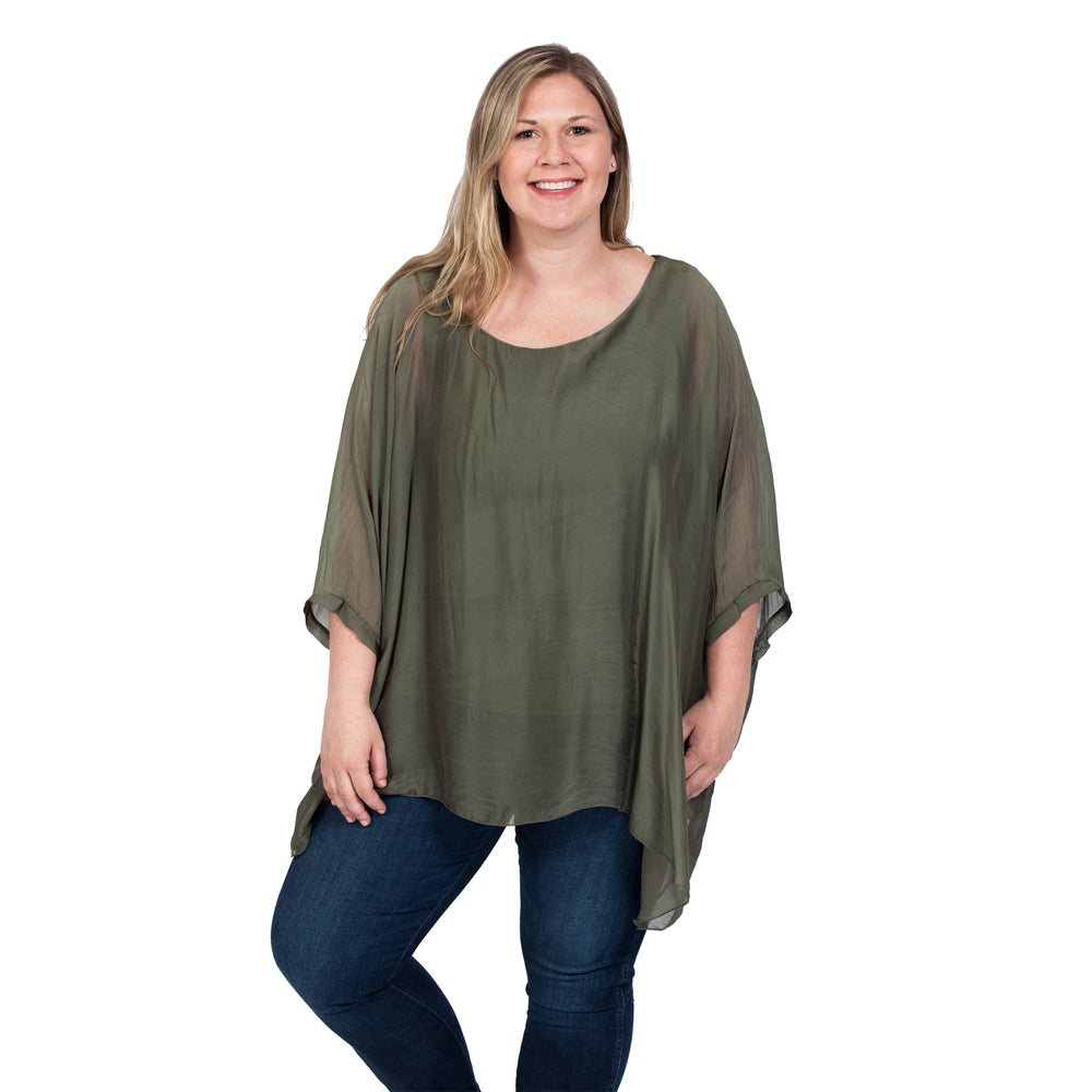 Olive Plus Three Quarter Sleeve Solid Silk Top