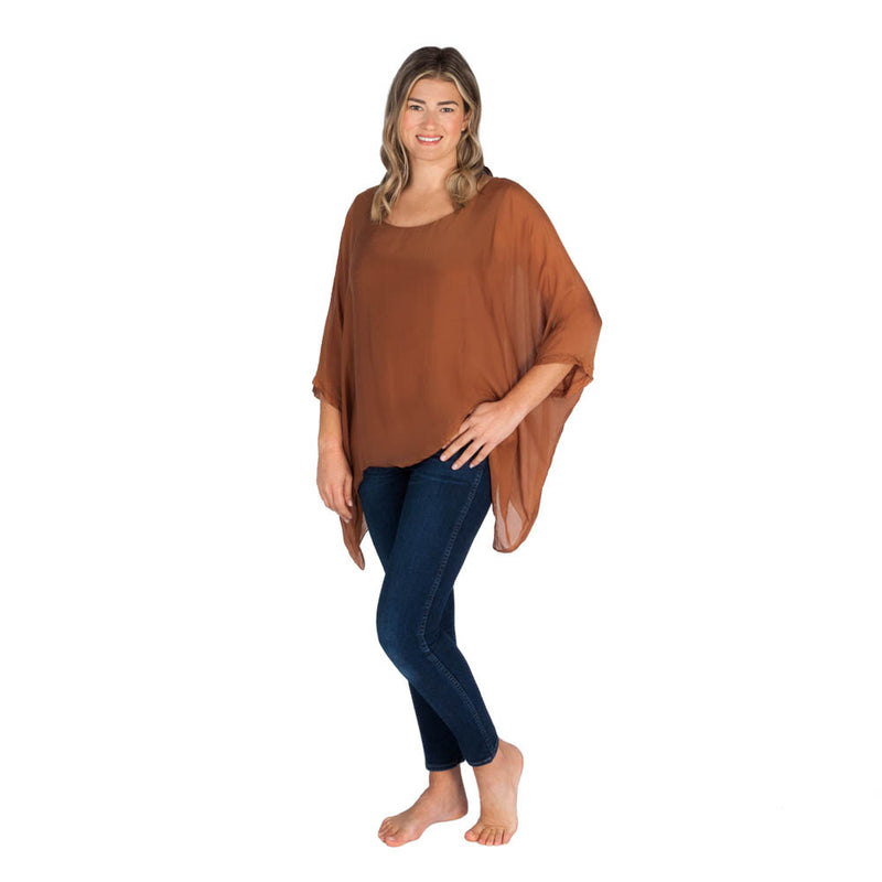 Tobacco Three Quarter Sleeve Solid Silk Top