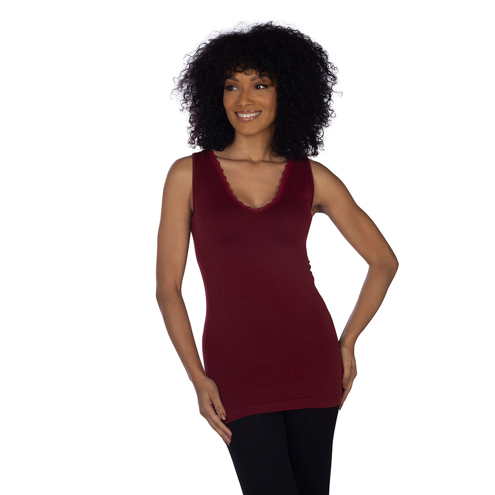 Wine Lace Trim V Neck Tank Top