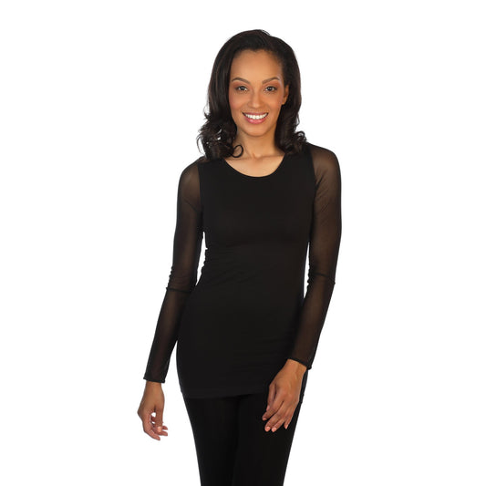 black mesh sleeved crew neck top front view