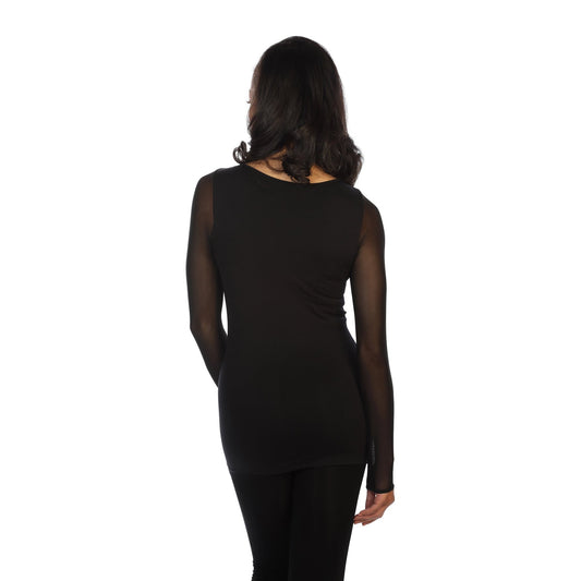 black mesh sleeve crew neck top back view