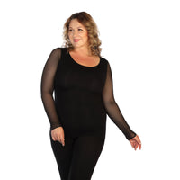 black plus sized mesh sleeve crew neck top hand to the right