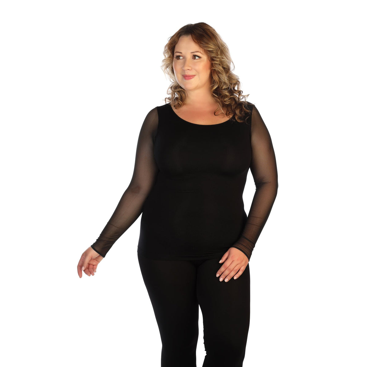 black pus sized mesh sleeve crew neck top hand to the left