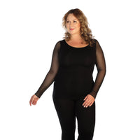 black pus sized mesh sleeve crew neck top hand to the left